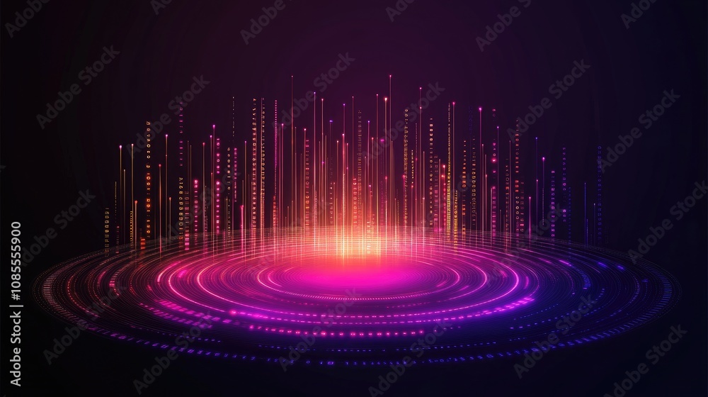 Poster abstract digital light landscape with colorful rays and circular patterns emanating from a central p