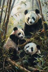 Fototapeta premium Playful Panda Family in Bamboo Forest - Nature's Delight and Wildlife Exploration