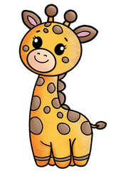 Adorable cartoon giraffe with a cheerful expression, long neck, and spotted pattern, perfect for kids' designs and playful themes.