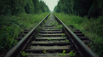 Obraz premium Overgrown Railway Track Surrounded by Nature
