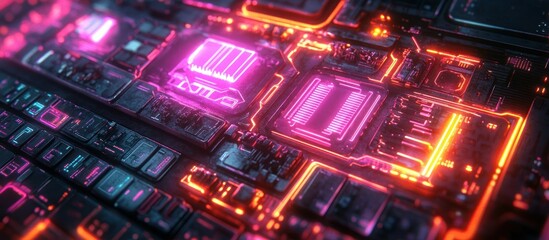 Obraz premium Futuristic circuit board with vibrant neon colors.