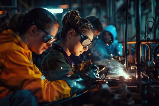 Female Welding Instructor Mentoring Students in Advanced Techniques for Hands-On Learning and Skill Development