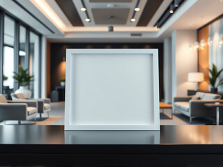 Fototapeta premium Modern interior of a stylish lounge with a blank frame on a table inviting creativity in a contemporary design setting