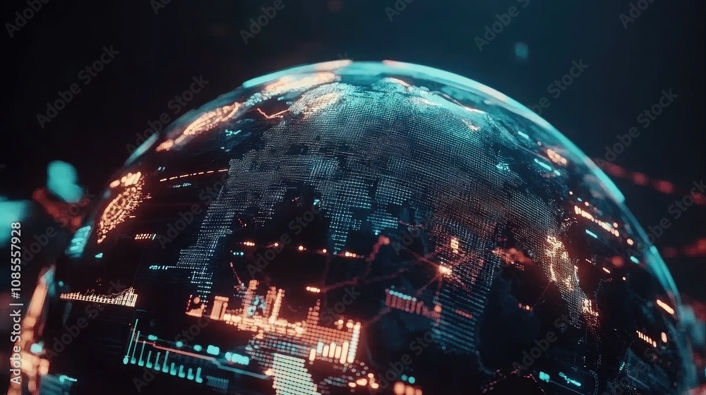 Poster futuristic digital representation of a rotating globe with abstract data visualization and network c