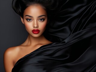 Fototapeta premium A woman in a black dress with a red lipstick