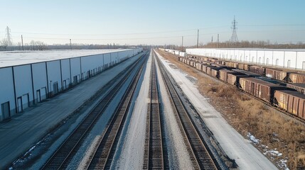 Fototapeta premium Industrial Rail Track with Warehouses Alongside