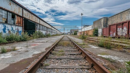 Fototapeta premium Abandoned Industrial Rail Track Surrounded by Warehouses