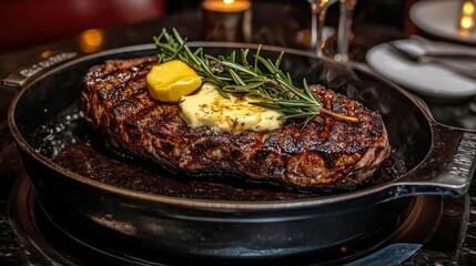 Juicy Grilled Steak with Fresh Herbs and Butter Served Hot on a Sizzling Plate in an Elegant Dining Setting