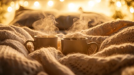 A Cozy Love Story: Couple Sharing Playful Moment Surrounded by Warm Blankets and Steaming Mugs in Indoor Setting