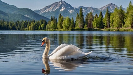 Majestic Swan on Serene Mountain Lake.