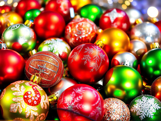 Fototapeta premium Festive holiday ornaments in various colors and designs waiting to adorn a Christmas tree during the winter season