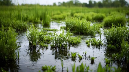 Obraz premium A serene wetland scene featuring lush green grasses and shallow water, reflecting a tranquil landscape filled with nature's beauty.