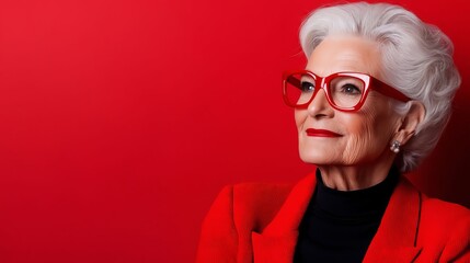 A woman wearing red glasses and a red jacket