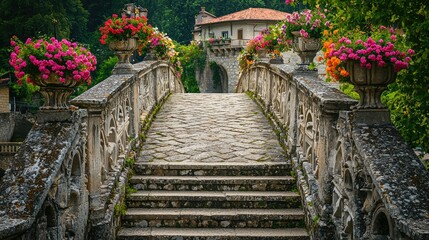 Fototapeta premium Elegant Stone Bridge with Intricate Railings and Flowers