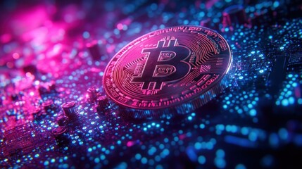 Bitcoin coin on a circuit board background.