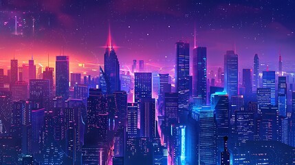 Fototapeta premium A vibrant city skyline at dusk, illuminated by neon lights and a starry sky.