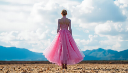Obraz premium Serene Scene of Woman in Pink Gown with Graceful Posture in Picturesque Field with Clear Blue Sky and Mountain Silhouettes