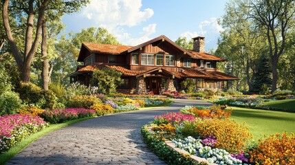 Fototapeta premium Charming Craftsman House Surrounded by Lush Gardens