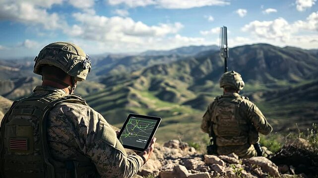 At a border outpost perched in a rocky landscape, soldiers monitor live surveillance on a tablet, while the Starlink antenna transmits vital satellite data from high above.