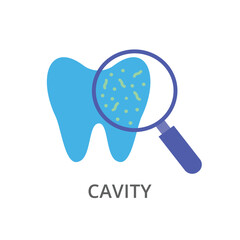 Tooth cavity vector color icon. Dental teeth with plaque and magnifying glass symbol flat illustration icon