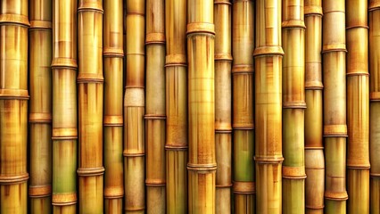 Fototapeta premium A close-up of a wall of bamboo stalks, showcasing the natural texture and warm color of the wood. The stalks are arranged in a tight, symmetrical pattern, creating a sense of order and harmony.