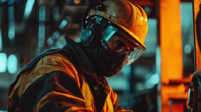 Worker in Safety Gear Operating Machinery