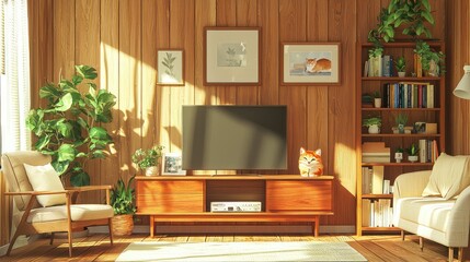 Modern Living Room with Wooden Panel Wall
