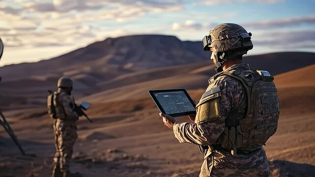 A Starlink antenna stands tall in a remote desert outpost as troops monitor surveillance feeds on a tablet, ensuring border security with real-time satellite communication in the h