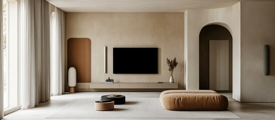 Smart TV mounted on a wall in a minimalist living room, muted colors
