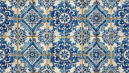 A repeating pattern of blue and white ceramic tiles with intricate floral designs, showcasing traditional craftsmanship and artistic detail.