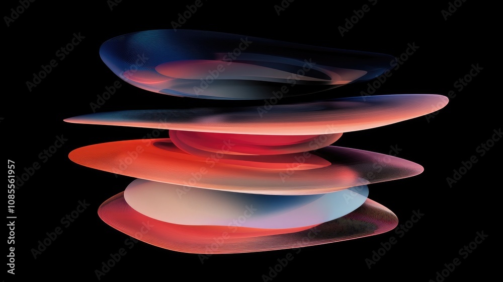 Poster abstract layers of colorful shapes creating a 3d visual effect against a dark background for digital