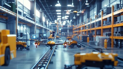 Advanced Futuristic Warehouse with Drones and Conveyor Belts for Efficient Goods Movement