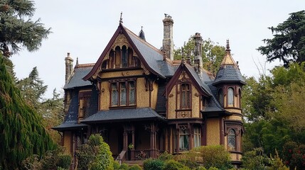 Naklejka premium Victorian Home with Decorative Tower in Natural Setting