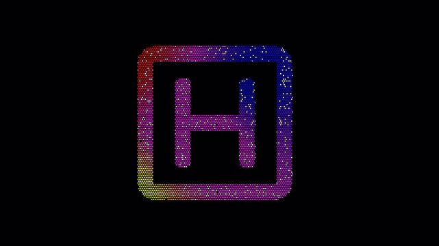 Icon h square is made up of LED square shapes that shimmer and flicker. There are black dead diodes. In-Out looped. Alpha BW at the end