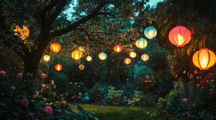 Fototapeta premium Colorful Lanterns in a Summer Garden Setting