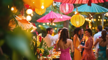 Naklejka premium Vibrant Summer Garden Party with Colorful Decorations