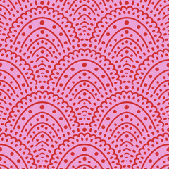 Dotted waves scalloped seamless pattern. Scallop half tone circle geometrical ornament.  Hand drawn small red dots and curve arch on pink background. Repeat allover backdrop