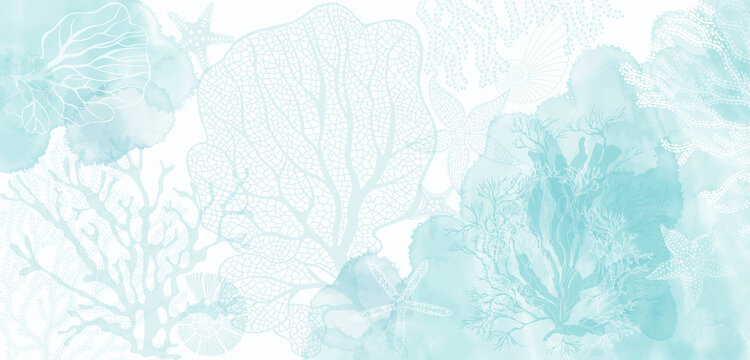 Luxury invitation card background on a marine theme with underwater plants, corals, starfish and with watercolor splashes.  Abstract art background, cover template. Vector design with space for text.