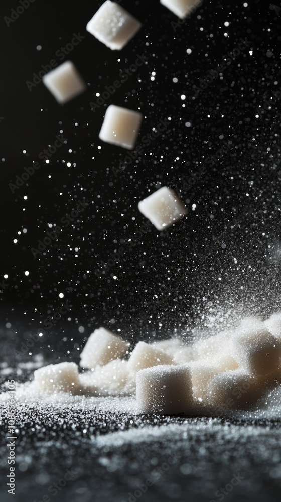 Poster white sugar cubes falling onto a pile of sugar crystals on a black background. creating a cloud of s