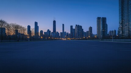 Obraz premium Large, empty parking lot leading to a modern city skyline with skyscrapers, captured at dusk with warm lighting.