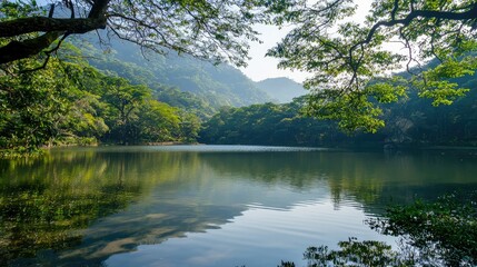 Fototapeta premium Tranquil Mountain Lake Surrounded by Lush Greenery