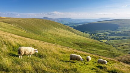 Fototapeta premium Tranquil Hillside with Grazing Sheep