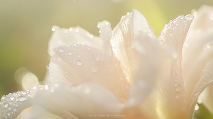 Fototapeta premium Soft Focus Close-Up of a Delicate White Flower Petal with Water Droplets, Capturing the Beauty of Nature and the Tranquil Essence of a Spring Morning