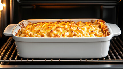 Baking Homemade, Homemade baked mac and cheese with golden crust in oven. This comforting dish is perfect for family gatherings and brings warmth to any meal