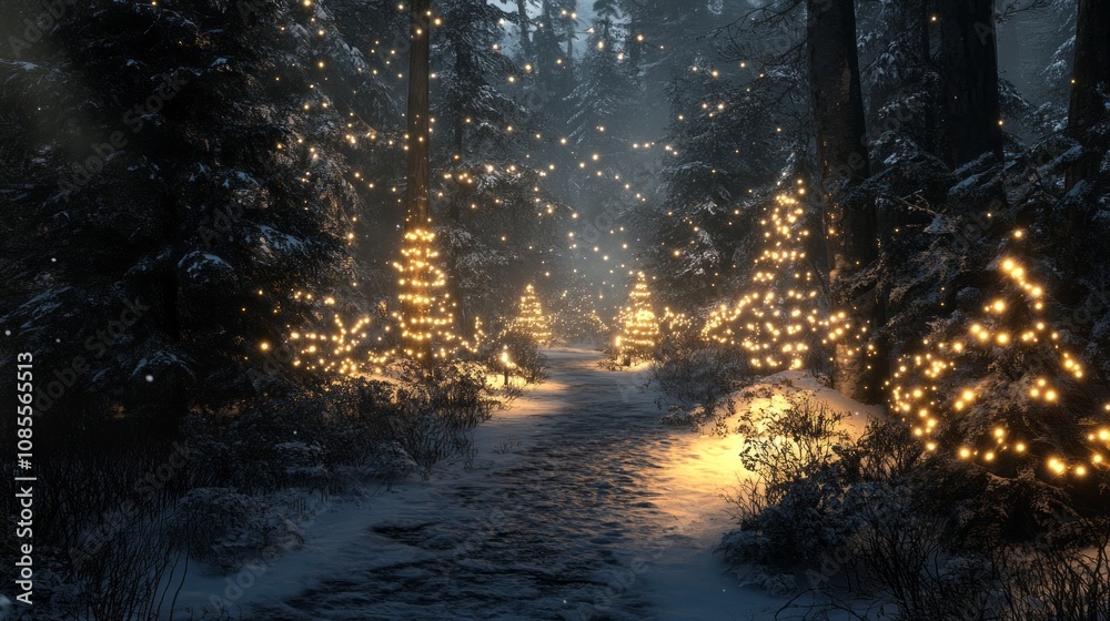 Poster a path through a forest is lit up with christmas lights