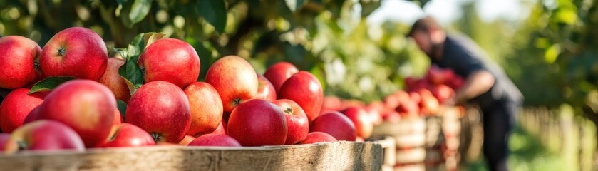 Freshly harvested red apples in crates with a person picking in an orchard.