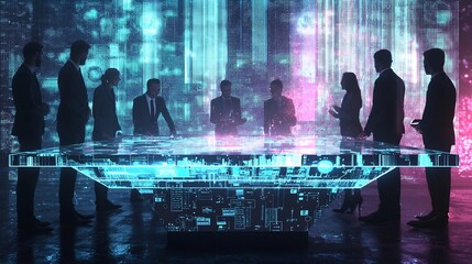 Futuristic Business Meeting with Holographic Cash Flow Visualization