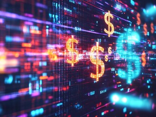 Fototapeta premium Glowing Holographic Data Display Showcasing Smooth Cash Flow Graphs and Symbols for Business Finance Analytics