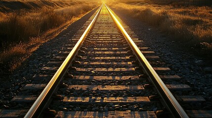 Obraz premium Captivating Sunrise Over Railway Tracks with Long Shadows