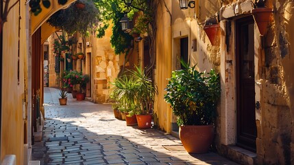 Obraz premium A charming narrow street lined with potted plants and warm-colored buildings.
